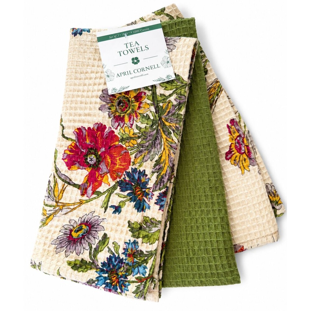 April Cornell Wildflowers Dish Towels Set of 3 Beige Green Floral Waffle Weave
